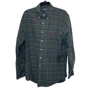 Ralph Lauren mens button up green plaid shirt long sleeves large 100% cotton